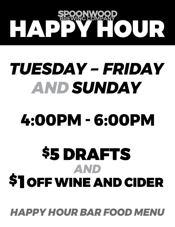 Happy Hours Graphic with hours for Tuesday thru Friday and Sunday 4 to 6 pm